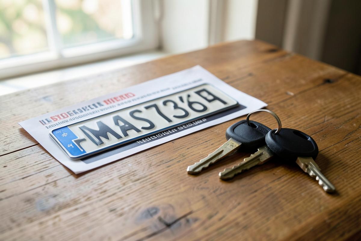 Swiss vehicle registration document, a licence plate and a car key on a wooden table
