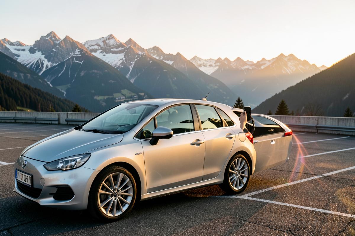 Someone photographing a clean silver car with a phone in an empty car park at golden hour