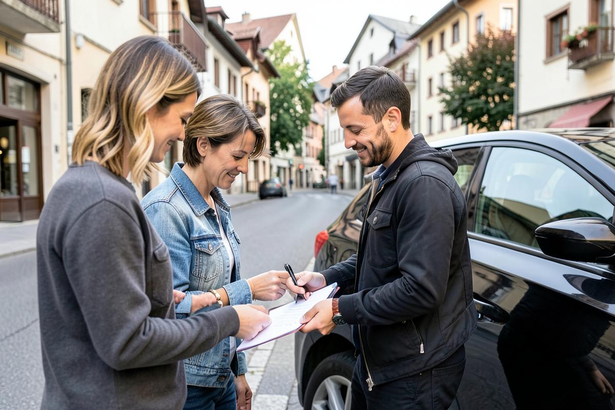 A seller and a buyer signing a car sale contract beside a dark car on a Swiss street